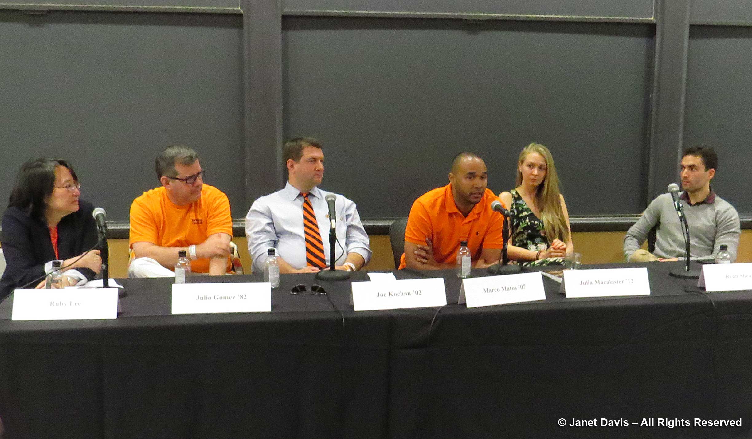 Panel for “The Next Big Thing in Tech”, Princeton Reunions 2017 (left to right): Moderator Ruby Lee, Forrest G. Hamrick Prof. of Electrical Engineering; Julio Gomez ’82, Financial Services Technology Strategist; Joe Kochan ’02, Co-Founder and COO, US Ignite; Marco Matos ’07, Product Manager; Facebook; Julia Macalaster ’12, Head of Strategy, Def Method; Ryan Shea ’12, Co-founder, Blockstack. 