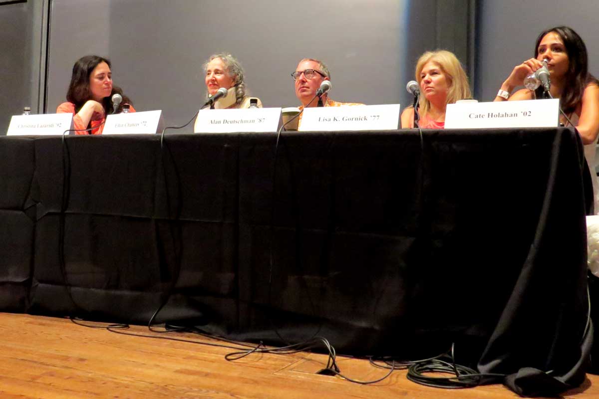 Panel for “The Writer’s Craft”, Princeton Reunions 2017 (left to right): Moderator Christina Lazaridi ’92, Lecturer in Creative Writing; Ellen Chances ’72, Prof. of Slavic Languages & Literatures; Lisa K. Gornick ’77, Novelist; Alan Deutschman ’87, author; Cate Holahan ’02 author. 