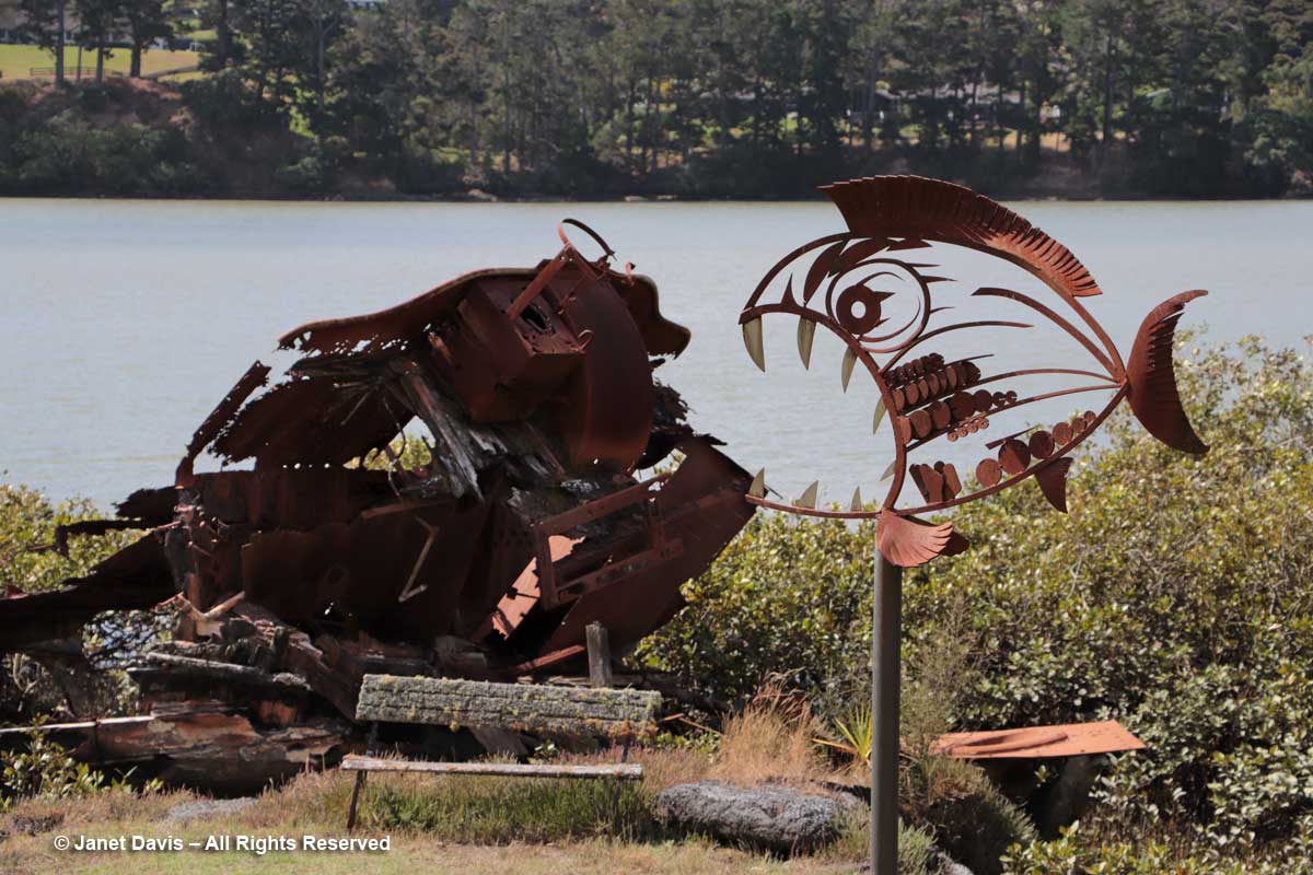 Rusting Hawera & iron garden sculpture-Totara Waters