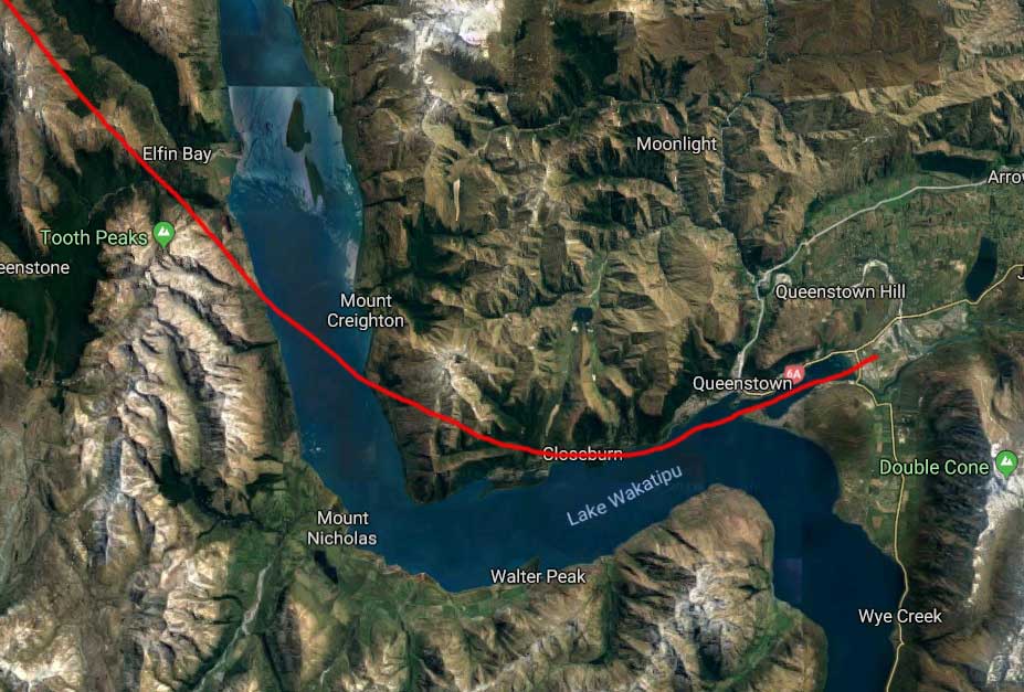 Lake Wakatipu-Frankton Arm-Queenstown-flight route