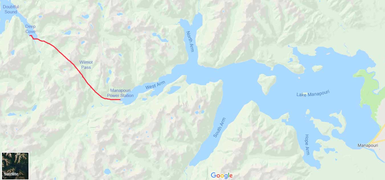 Wilmot Pass between Manapouri and Doubtful Sound-map